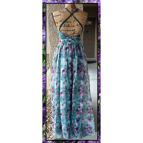 Lulus Romance That Wows Dark Teal Floral Print Organza Maxi Dress Size S - Picture 5 of 13